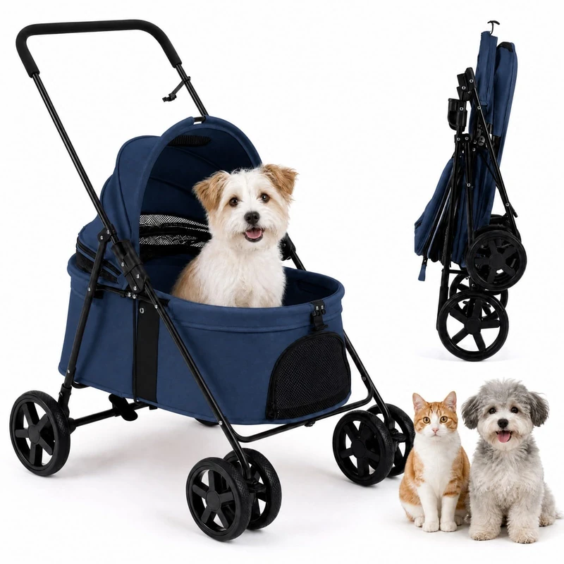 GYMAX Pet Stroller for Small Medium Dogs, Foldable Carrier Stroller (Navy)