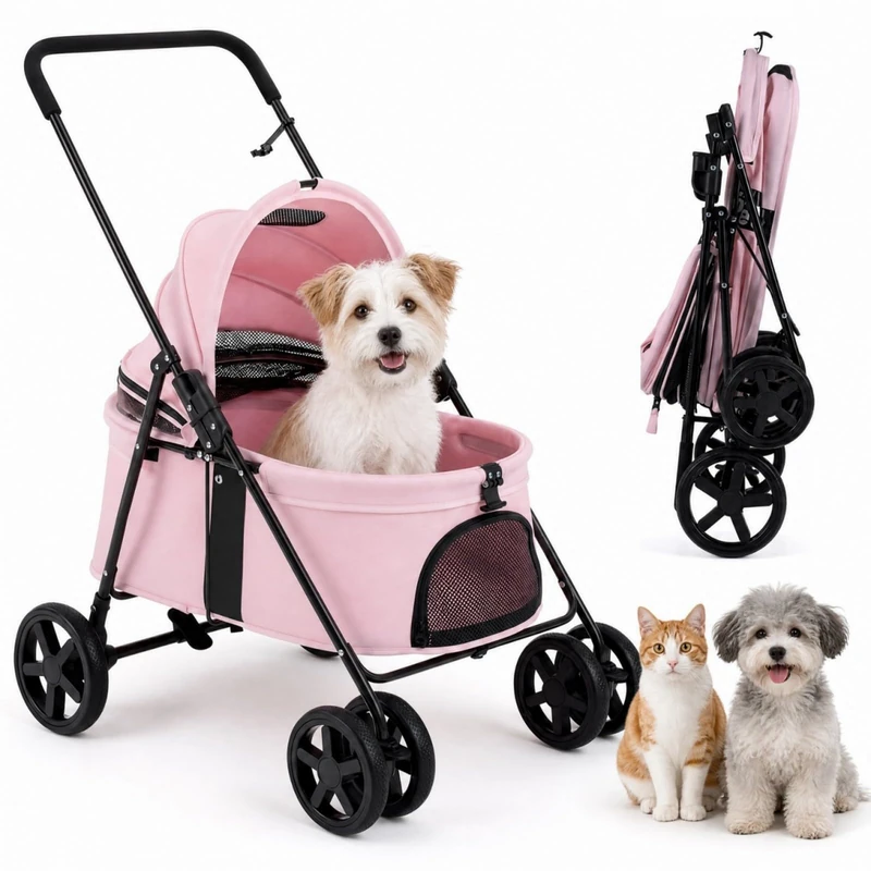 GYMAX Pet Stroller for Small Medium Dogs, Foldable Carrier Stroller (Pink)