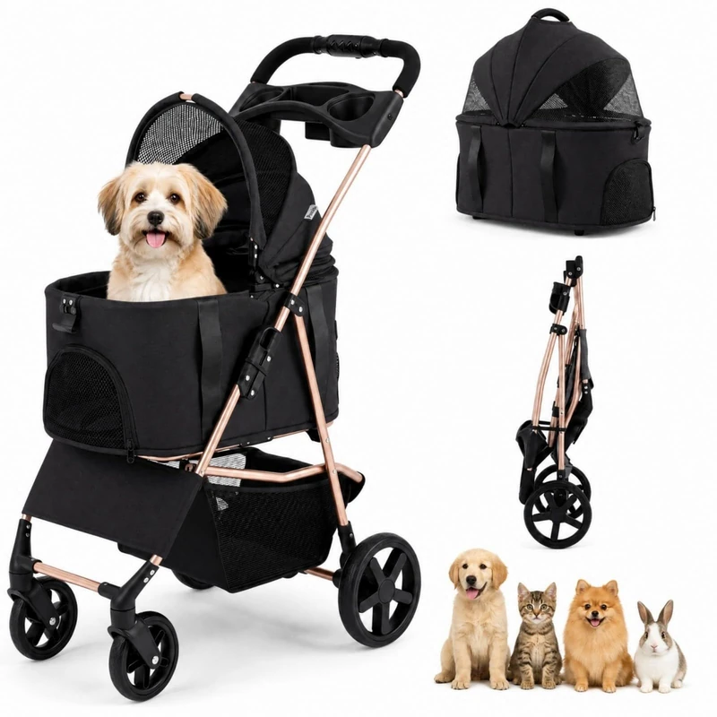 GYMAX 3-in-1 Pet Stroller, One-Click Foldable Dog Stroller (Black)