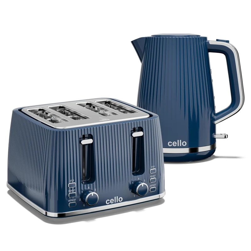 Cello Blue Breakfast Bundle: 1.7L 3000W Rapid Boil Kettle with Auto Shutoff, Cordless & Washable Filter | 1600W 4 Slice Toaster with Wide Slots, 7 Browning Levels, High Lift & Illuminated Controls