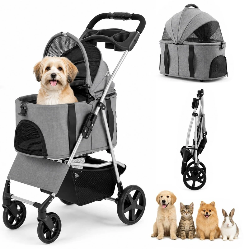 GYMAX 3-in-1 Pet Stroller, One-Click Foldable Dog Stroller (Grey)