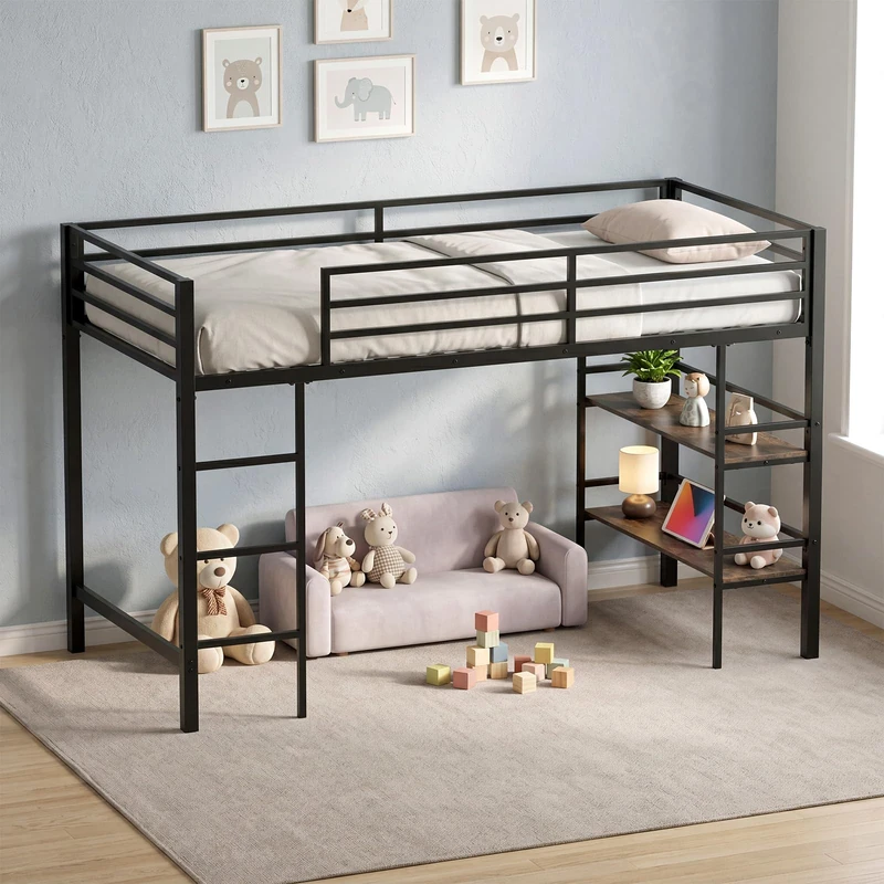 GYMAX Metal Kids Loft Bed (Rustic Brown, With Shelves: 196x96x126cm)