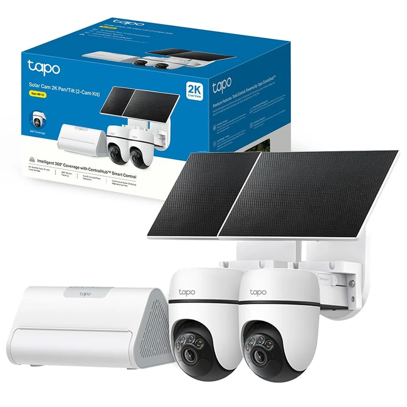 Tapo HB112 2K Security Camera Set, Wireless Outdoor Camera Kit with 2 Pan/Tilt Cams & H500 Hub, CCTV camera, Solar Powered, Battery, Colour Night Vision, AI Detection, Local Storage, No Monthly fee