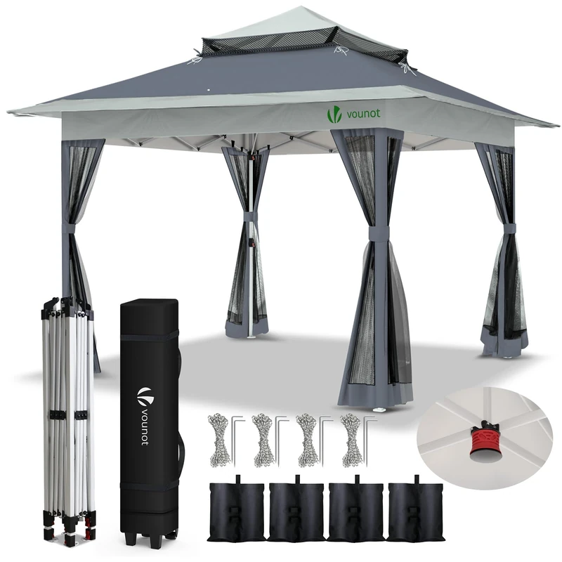 VOUNOT® 3.6 x 3.6m Pop Up Gazebo with Central Lock System, Double Roof Garden Marquee with Mesh Sidewalls, Leg Weights & Wheeled Carry Bag, Grey