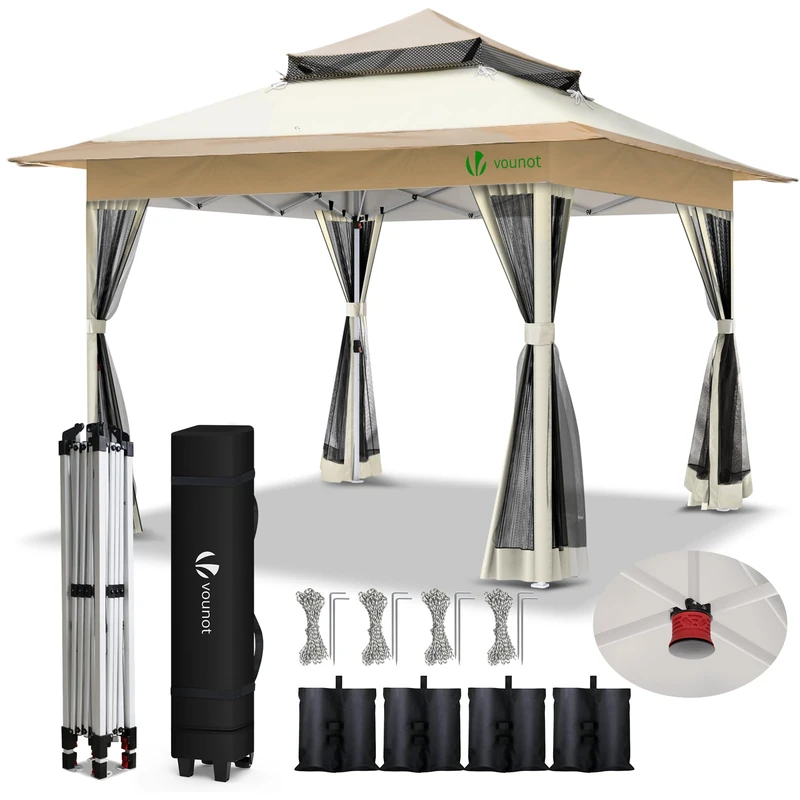 VOUNOT® 3.6 x 3.6m Pop Up Gazebo with Central Lock System, Double Roof Garden Marquee with Mesh Sidewalls, Leg Weights & Wheeled Carry Bag, Beige