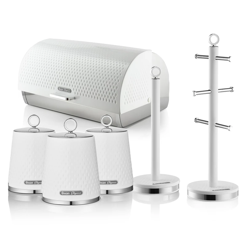 Swan Elegance Kitchen Storage Bundle with 14L Bread bin and Set of 3 Kitchen Storage Canisters, Towel Pole and Mug Tree, White, EEJB445
