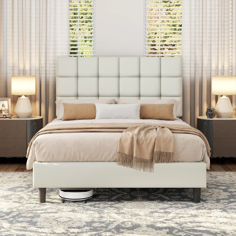 Yaheetech 4ft6 Double Bed Frame, Upholstered Headboard, Cream