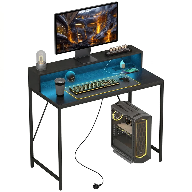 HOMCOM 100cm Computer Desk LED Lights, Power Outlets, Black Wood-Effect