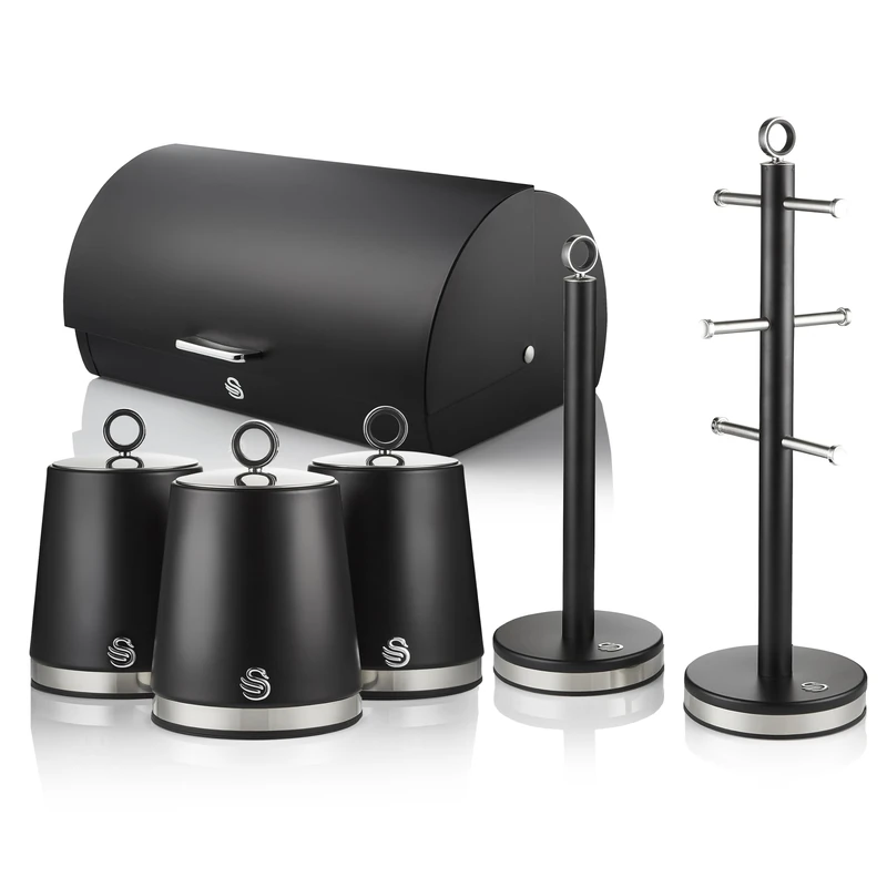 Swan Serenity Kitchen Storage Bundle with 14L Bread bin and Set of 3 Kitchen Storage Canisters, Towel Pole and Mug Tree, Black, EEJB446