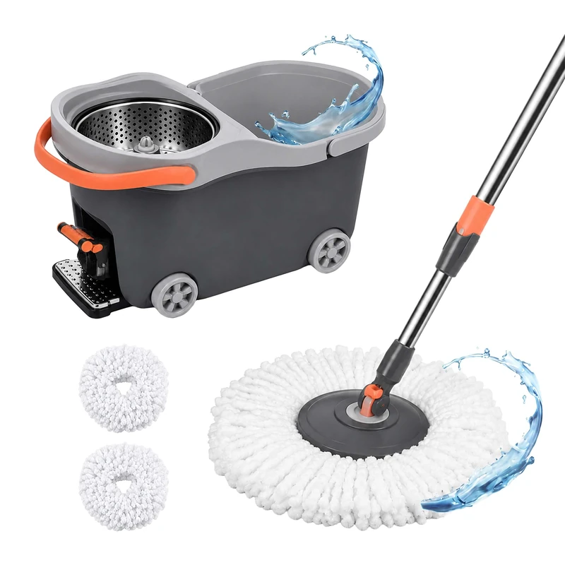 Relaxdays Mop Set, 16L bucket & wringer, pedal mop trolley, grey