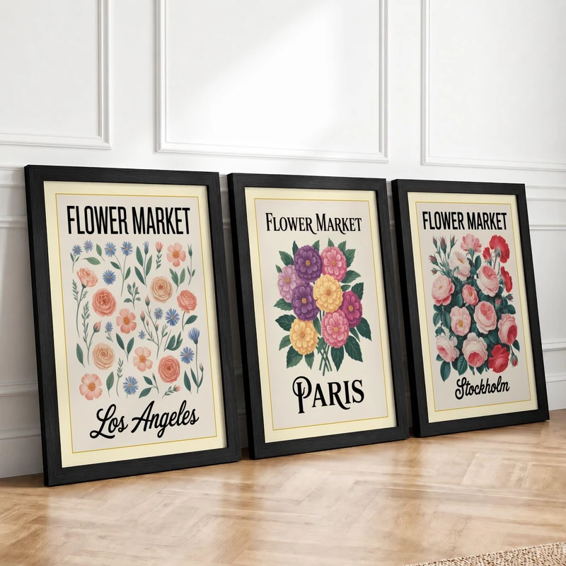 Flower Market Postcards Vintage Set of 3 Framed Wall Art Prints A4