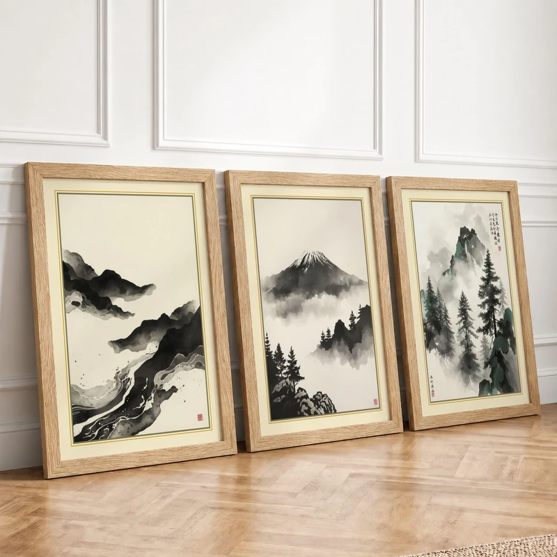 Misty Mountain Peaks Japandi Set of 3 Framed Wall Art Prints A4