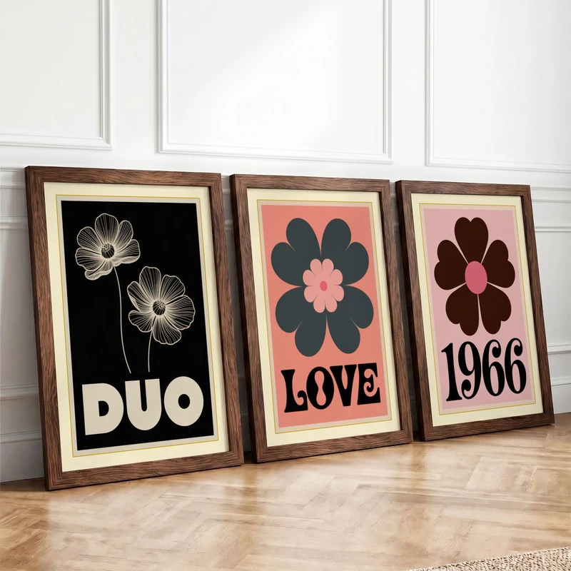 Geometric Flower Statements Retro Set of 3 Framed Wall Art Prints A2