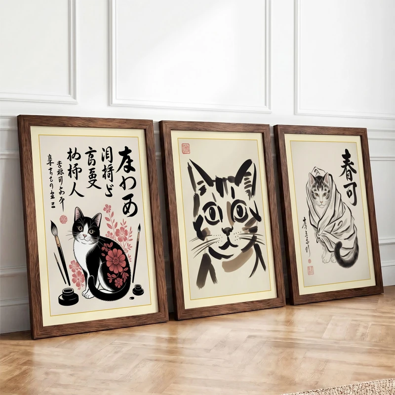 East Asian Cats Japandi Set of 3 Framed Wall Art Prints A1 (84.1×59.4cm)