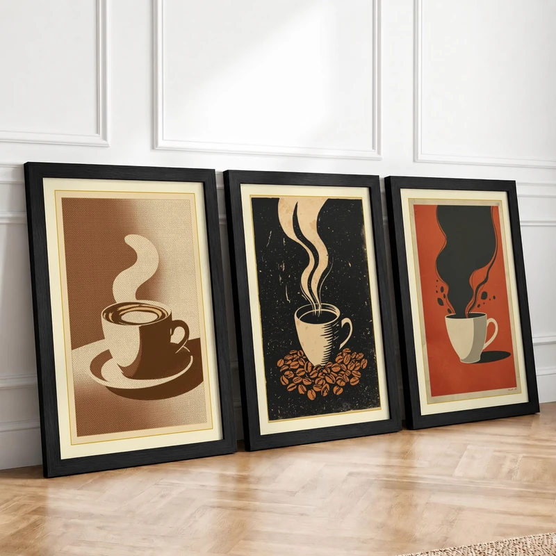 Coffee Moments Vintage Set of 3 Framed Wall Art Prints A4 (29.7×21cm)