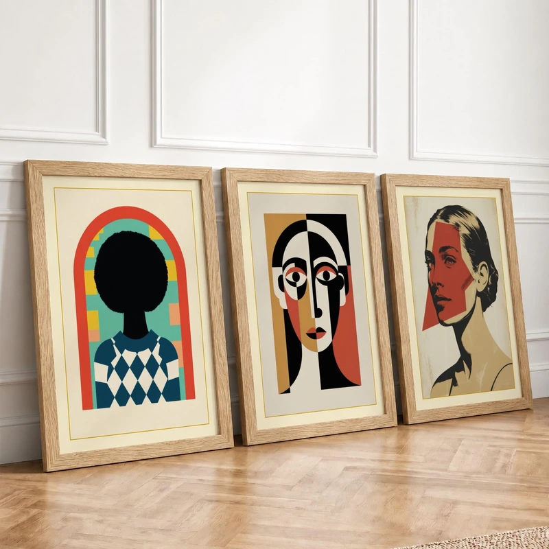 Geometric Portraits Art Deco Set of 3 Framed Wall Art Prints A2