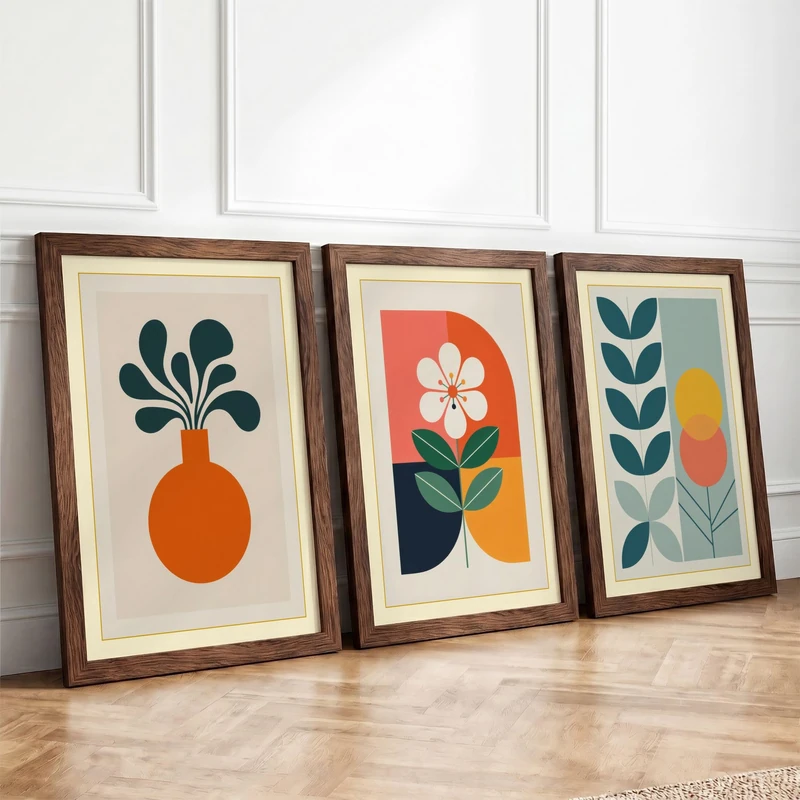 Modern Botanical Study Mid-Century Set of 3 Framed Wall Art Prints A4