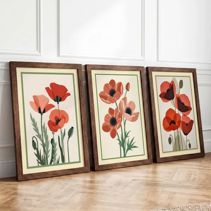Poppy Study Triptych Botanical Set of 3 Framed Wall Art Prints A1