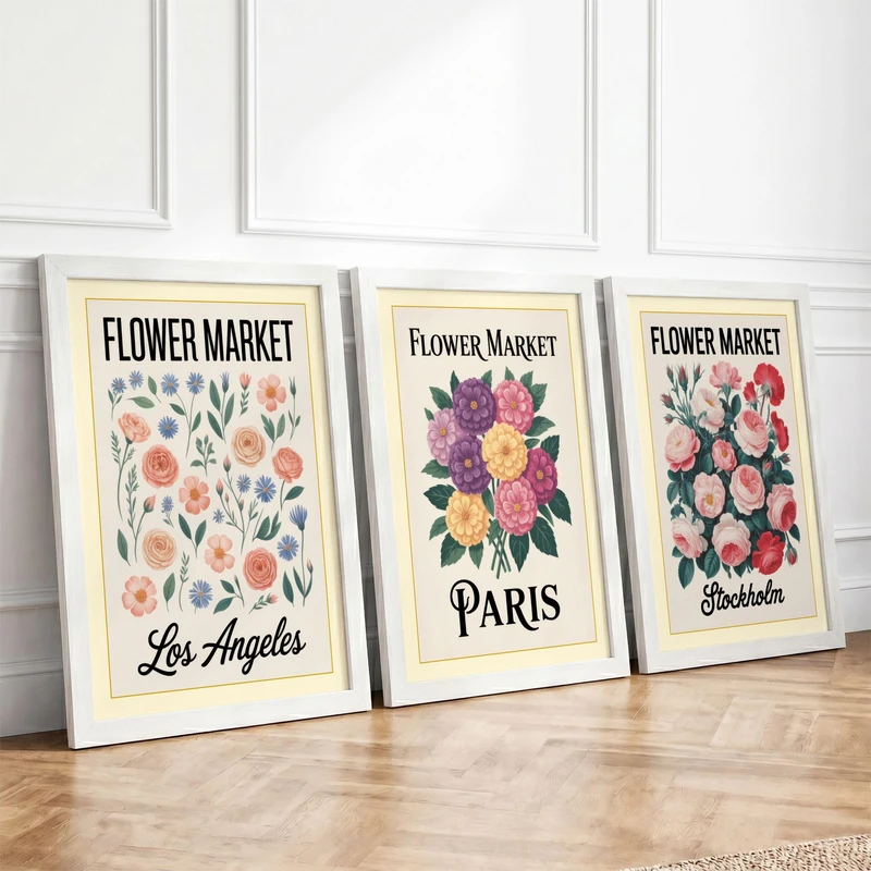 Flower Market Postcards Vintage Set of 3 Framed Wall Art Prints A4