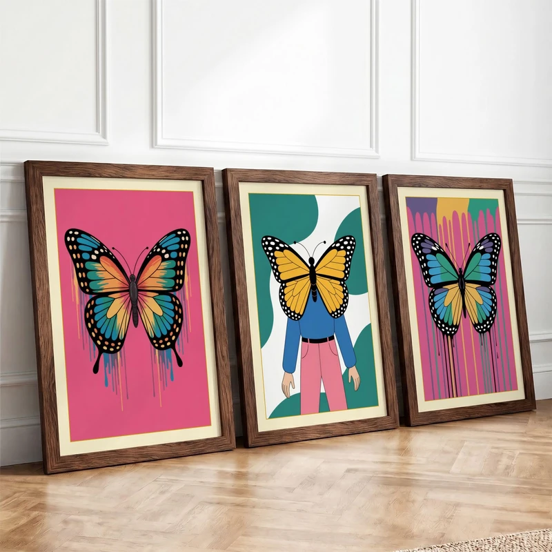 Butterfly Dreams Modern Set of 3 Framed Wall Art Prints A4 (29.7×21cm)