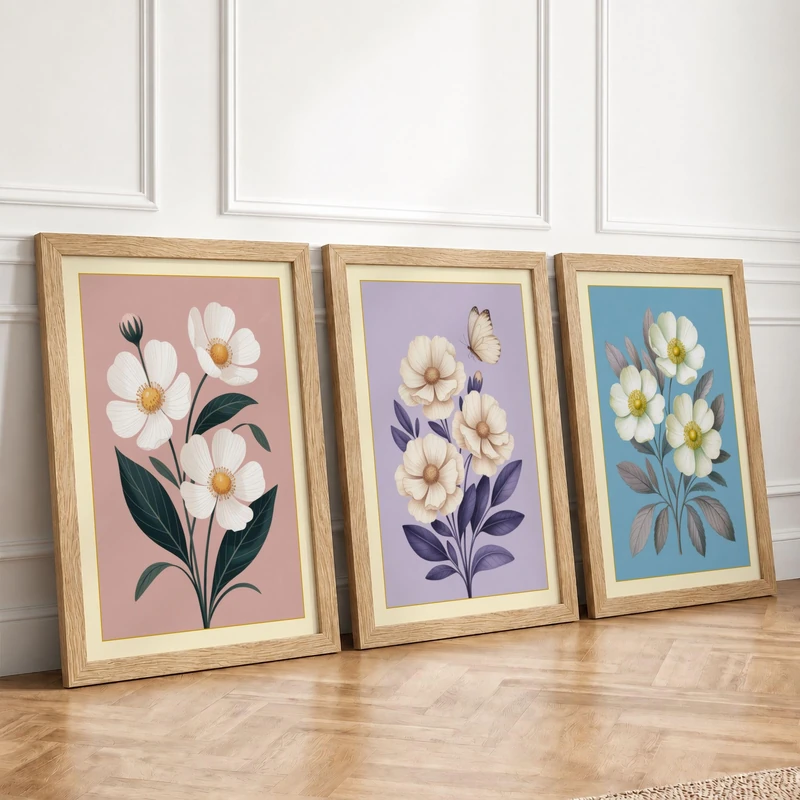 Delicate Floral Studies Botanical Set of 3 Framed Wall Art Prints A4