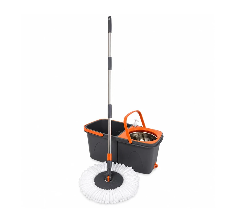 TEMPO DI SALDI Rotary Mop Set with Double Bucket, Stainless Steel Basket and 2 Microfibre Cloths