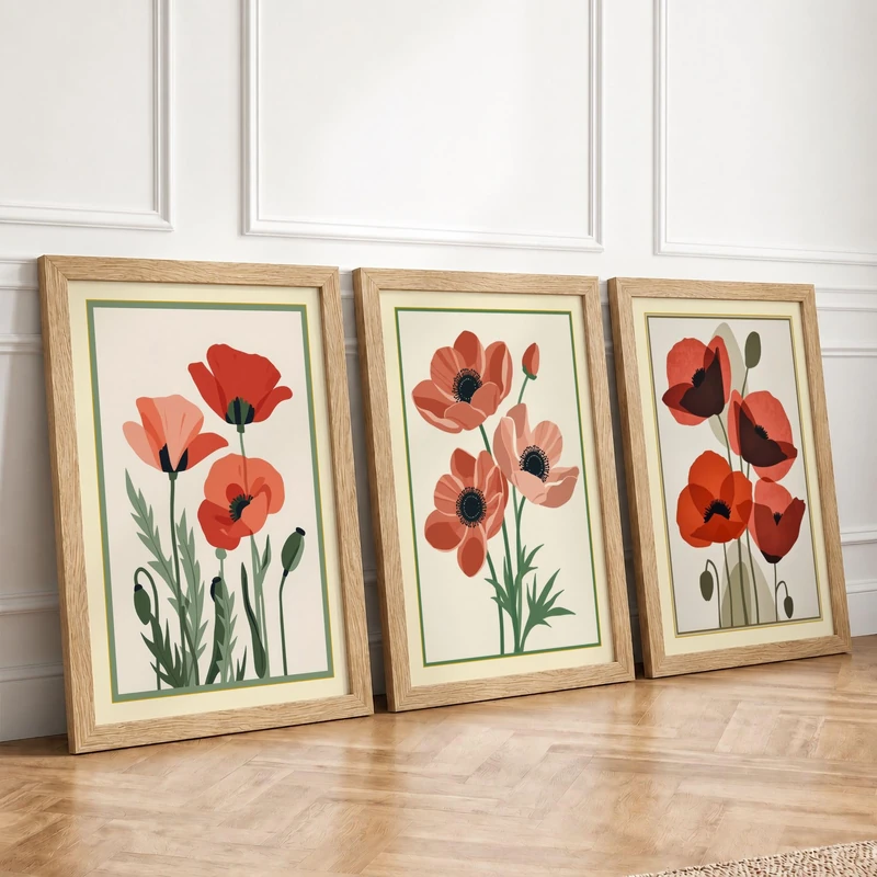 Poppy Study Triptych Botanical Set of 3 Framed Wall Art Prints A2