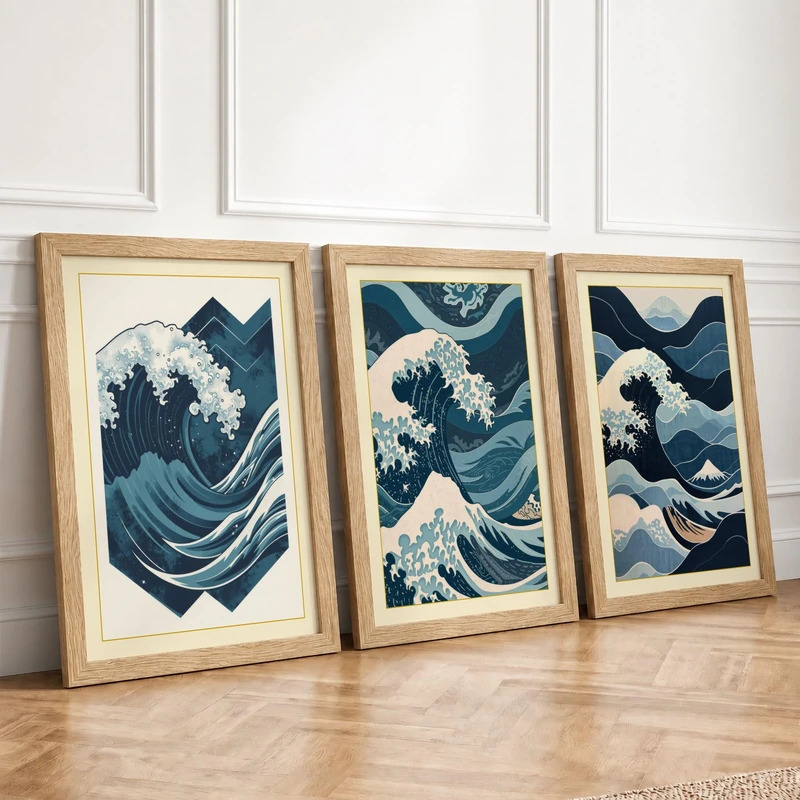 Ocean Wave Triptych Japandi Set of 3 Framed Wall Art Prints A2