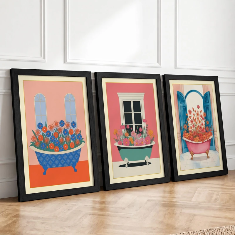 Bathtubs in Bloom Modern Set of 3 Framed Wall Art Prints A4 (29.7×21cm)