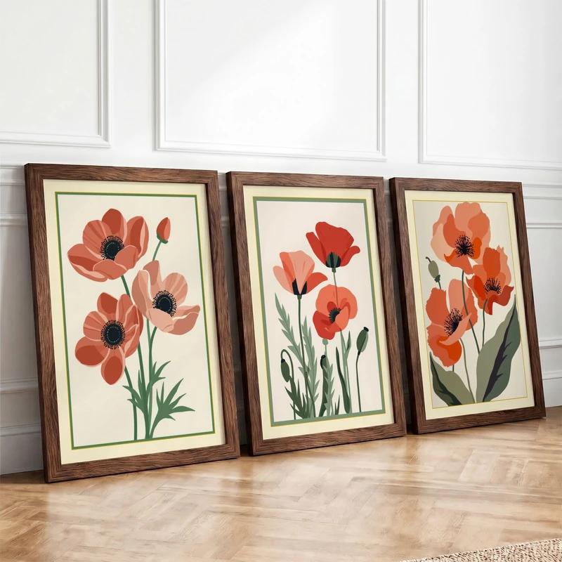 Coral Poppies Study Botanical Set of 3 Framed Wall Art Prints A3
