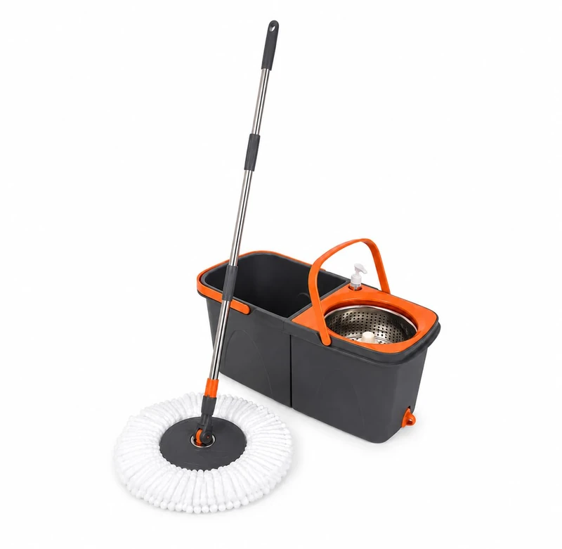 LEOFLA Double Bucket Rotary Mop with Stainless Steel, 2 Microfibre Cloths
