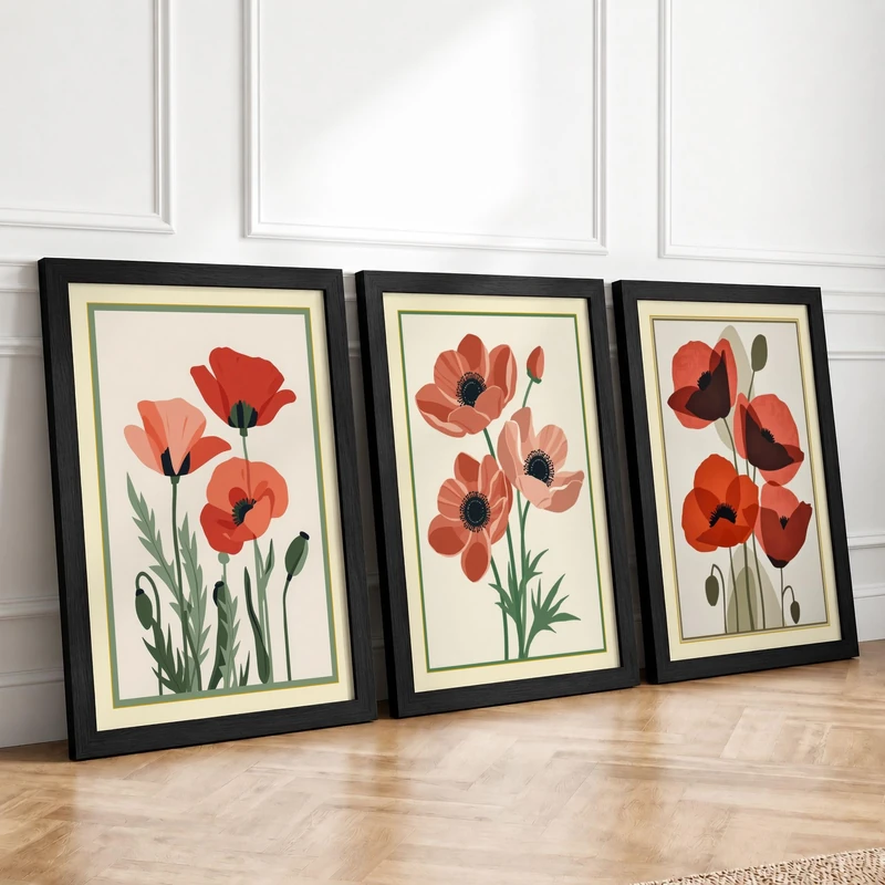 Poppy Study Triptych Botanical Set of 3 Framed Wall Art Prints A2