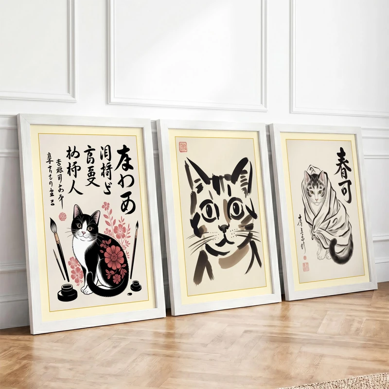 East Asian Cats Japandi Set of 3 Framed Wall Art Prints A3 (42×29.7cm)