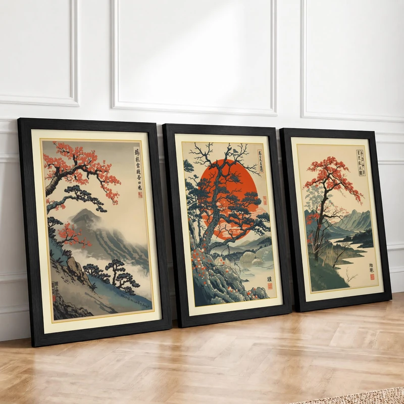Ancient Trees in Mist Japandi Set of 3 Framed Wall Art Prints A3