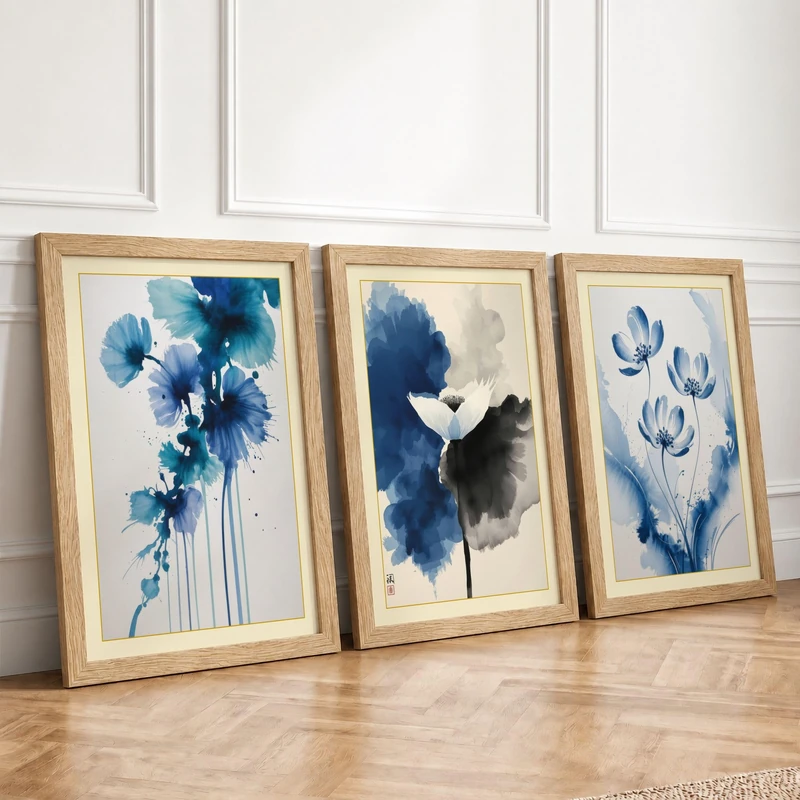 Blue Watercolour Blooms Botanical Set of 3 Framed Wall Art Prints A2
