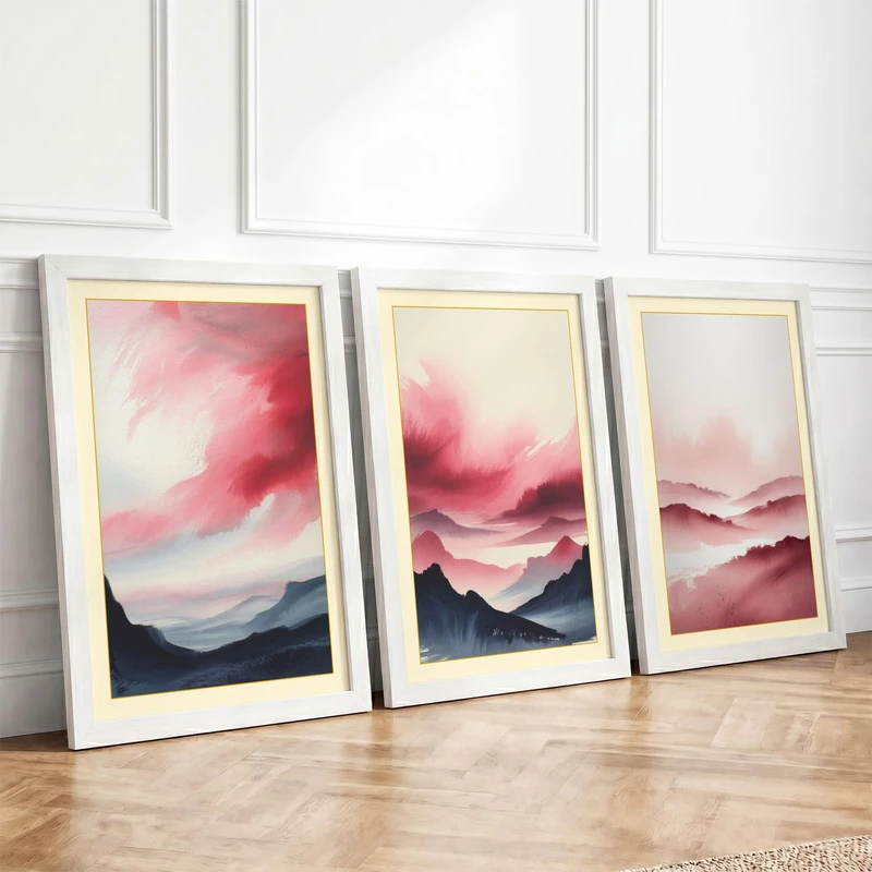Mountain Daybreak Triptych Minimalist Set of 3 Framed Wall Art Prints A3