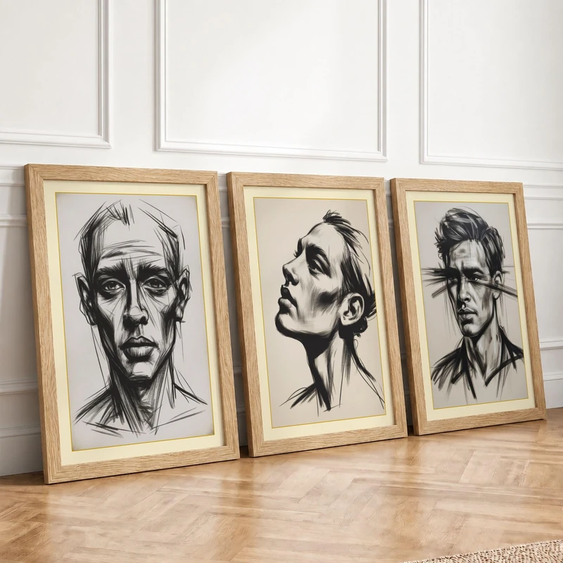 Ink Portrait Studies Modern Set of 3 Framed Wall Art Prints A4