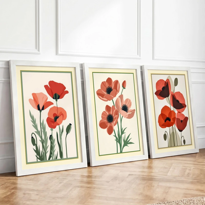 Poppy Study Triptych Botanical Set of 3 Framed Wall Art Prints A1