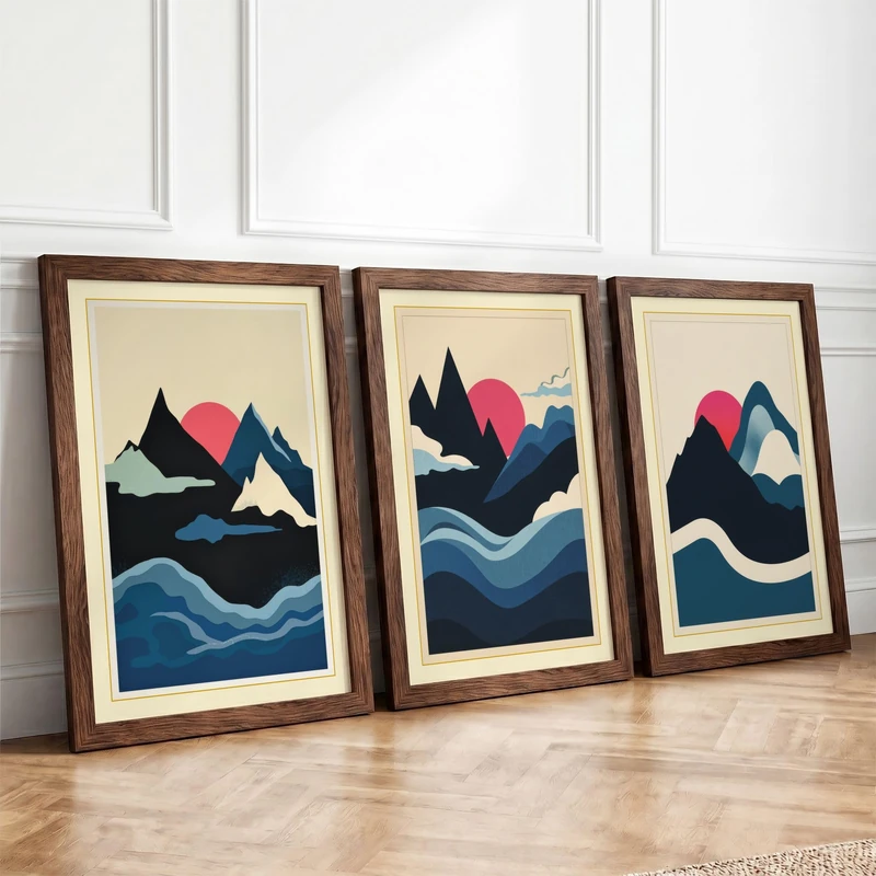 Mountain Sunrise Triptych Modern Set of 3 Framed Wall Art Prints A4
