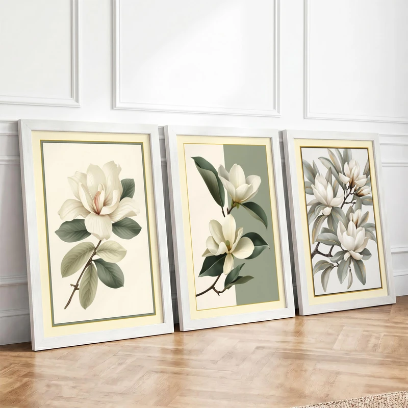 Magnolia Studies Botanical Set of 3 Framed Wall Art Prints A4 (29.7×21cm)