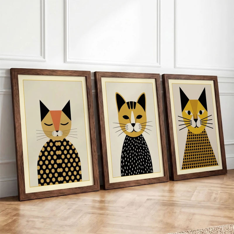 Geometric Cat Portraits Minimalist Set of 3 Framed Wall Art Prints A4