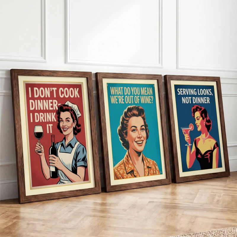 Cocktails Over Cooking Retro Set of 3 Framed Wall Art Prints A3