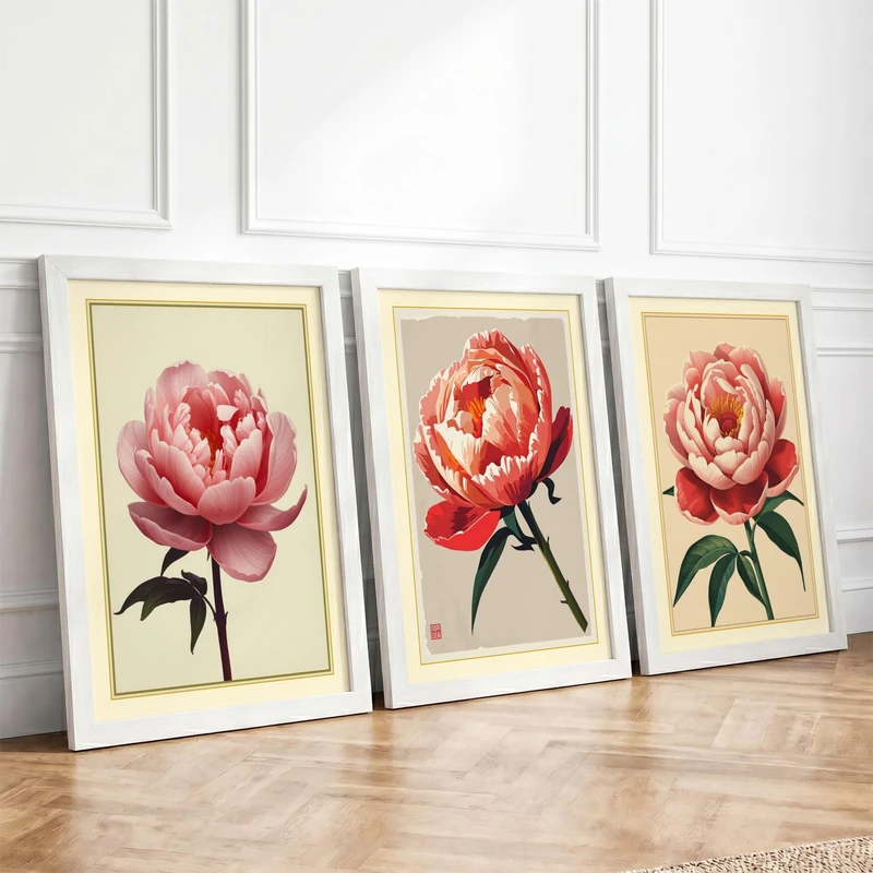 Peony Botanicals Botanical Set of 3 Framed Wall Art Prints A2 (59.4×42cm)