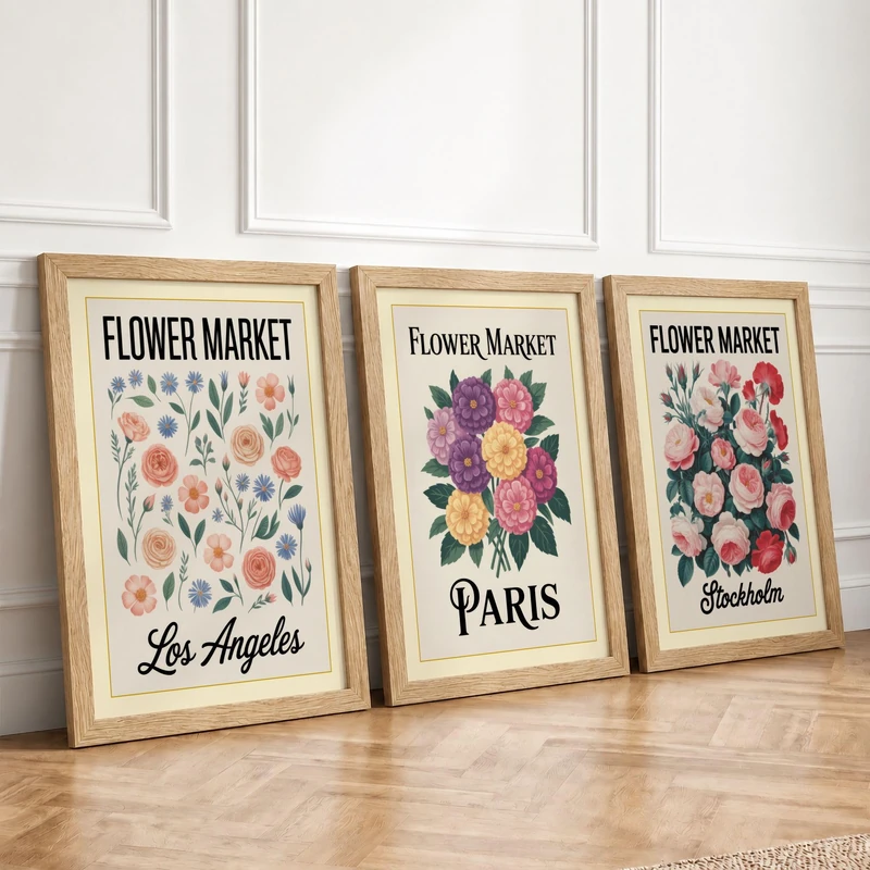 Flower Market Postcards Vintage Set of 3 Framed Wall Art Prints A4