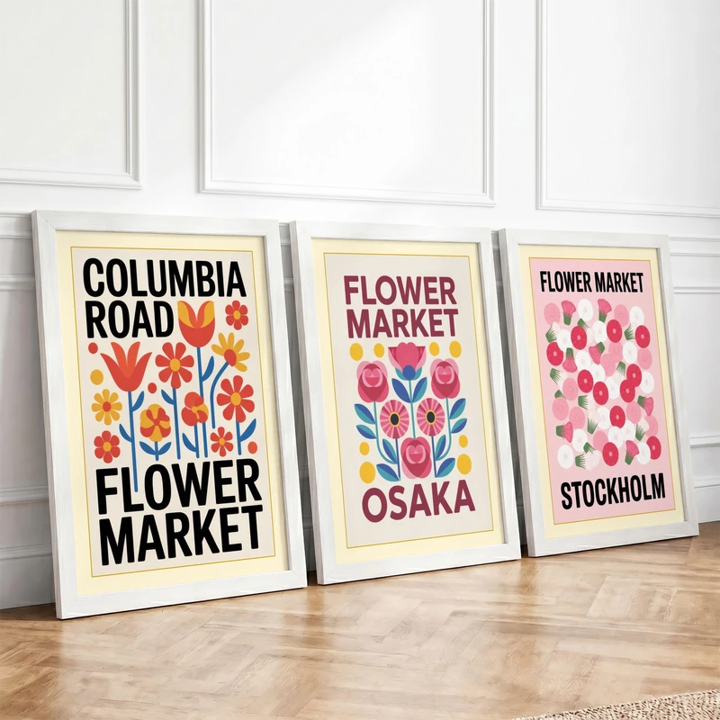 Flower Market Posters Retro Set of 3 Framed Wall Art Prints A4