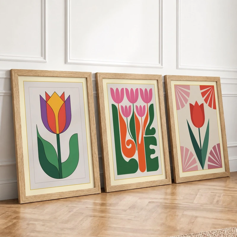 Geometric Tulip Studies Geometric Set of 3 Framed Wall Art Prints A4