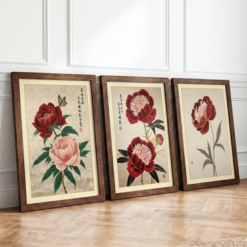 Peony Reverie Japandi Set of 3 Framed Wall Art Prints A4 (29.7×21cm)