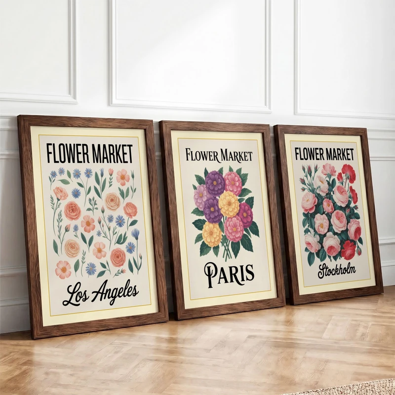 Flower Market Postcards Vintage Set of 3 Framed Wall Art Prints A4
