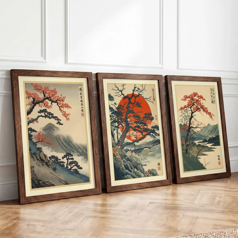 Ancient Trees in Mist Japandi Set of 3 Framed Wall Art Prints A4