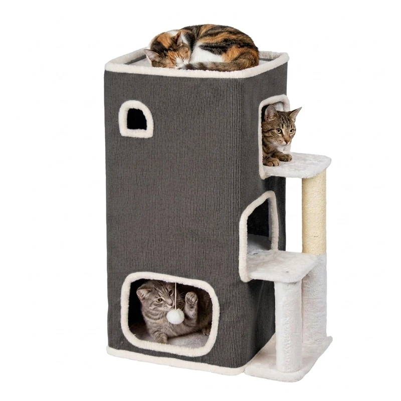 Relaxdays 3-storey cat house, cat den with ball & scratching post, grey
